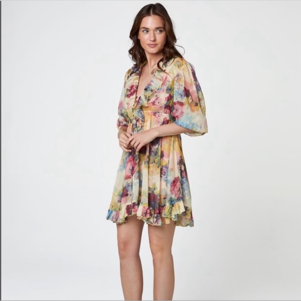 FEW MODA Floral Charla Side Zip long Sleeve Dress Ruffle Dress Women’s Medium